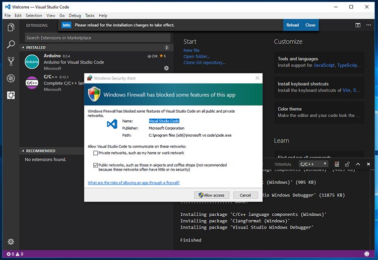 Screenshot of Visual Studio Code - Firewall settings - Firewall Access.